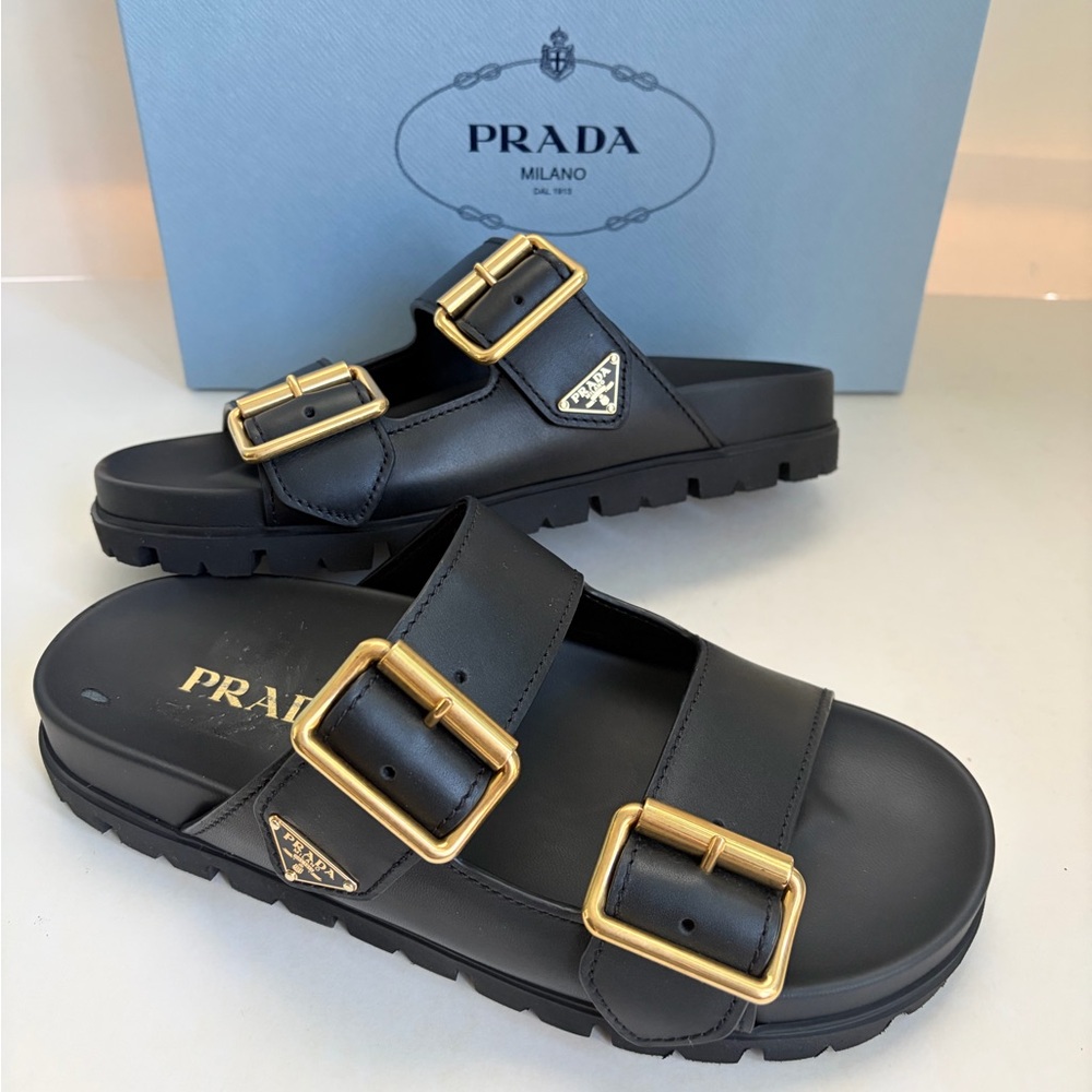 Prada Women’s Leather Dual-Buckle Slide Sandals - Picture 2 of 12